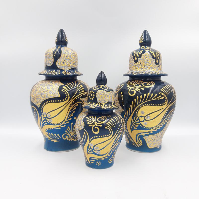 Altın Yaldız İşlemeli Şah Kavanoz Seti | 3’lü Konsol Seti | Turkuaz Mavi