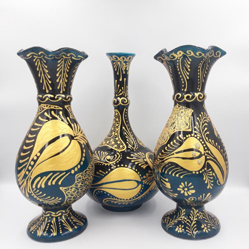 Altın Yaldız İşlemeli Vazo Seti | 3’lü Konsol Seti