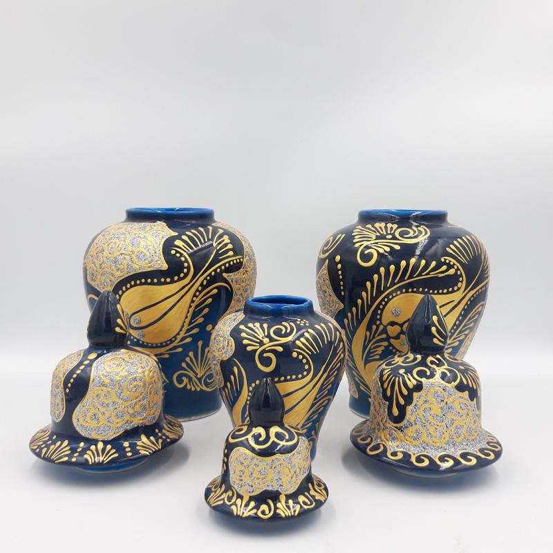 Altın Yaldız İşlemeli Şah Kavanoz Seti | 3’lü Konsol Seti | Turkuaz Mavi