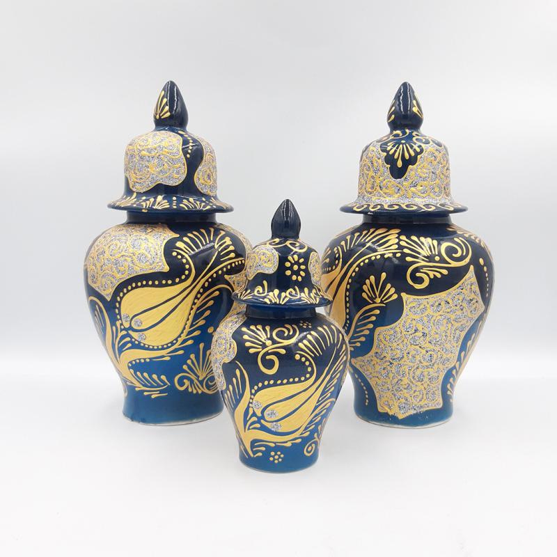 Altın Yaldız İşlemeli Şah Kavanoz Seti | 3’lü Konsol Seti | Turkuaz Mavi