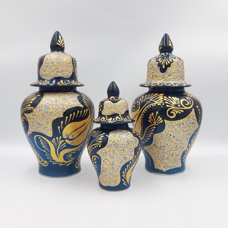 Altın Yaldız İşlemeli Şah Kavanoz Seti | 3’lü Konsol Seti | Turkuaz Mavi